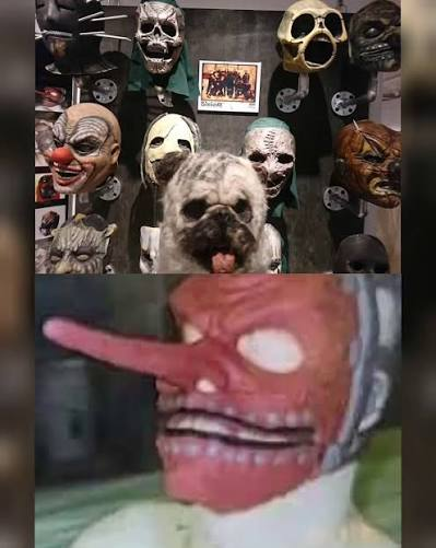 Two stacked photographs: a display case of Slipknot masks around a band photo, and below it a close-up of the long-nosed Pinocchio mask.